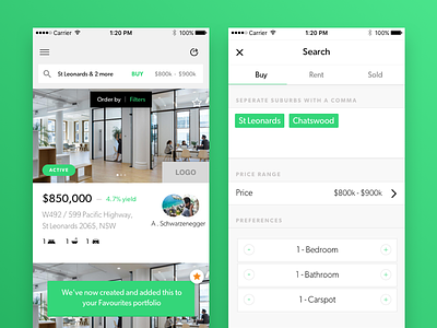 [WIP] Upcoming Real Estate App app buy clean filters green investment minimal property real estate rent search sell