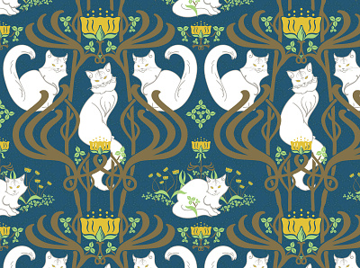 Cat Nouveau Pattern art nouveau blue blue and white brown digital illustration illustrator