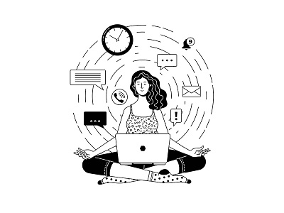 How to relax after a busy week black and white black and white illustration blackandwhite busy character contour illustration laptop line art lineart lotus pose mental health outline vector vector artwork woman work work from home workspace yoga