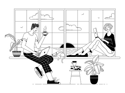 Work from home adobe illustrator black and white character drawings flat illustration landing illustration line art linear illustration lineart man onboarding outlined teamwork vector vector art vector artwork woman work from home