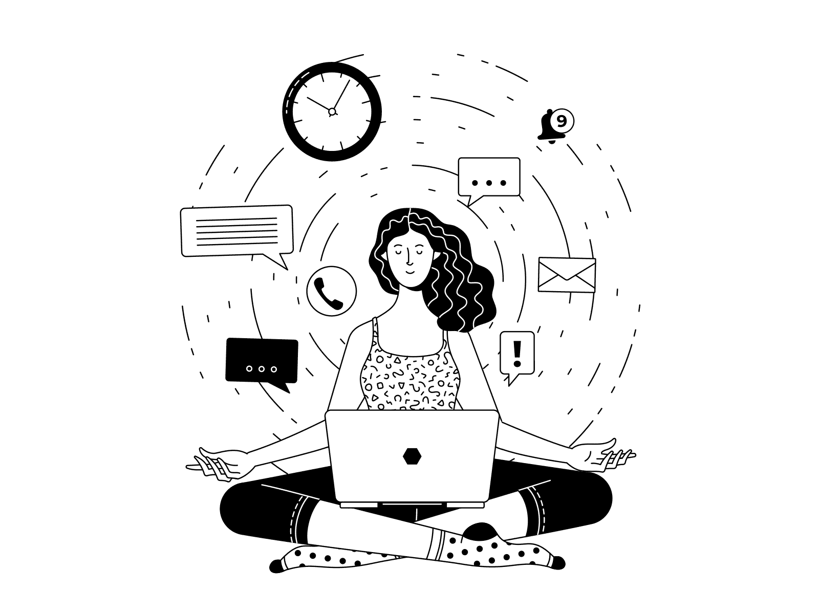 Work and life balance after effects animated animation black and white busy calm floating illustration job laptop lottie lotus pose motion graphics office relax urgent vector woman workspace yoga