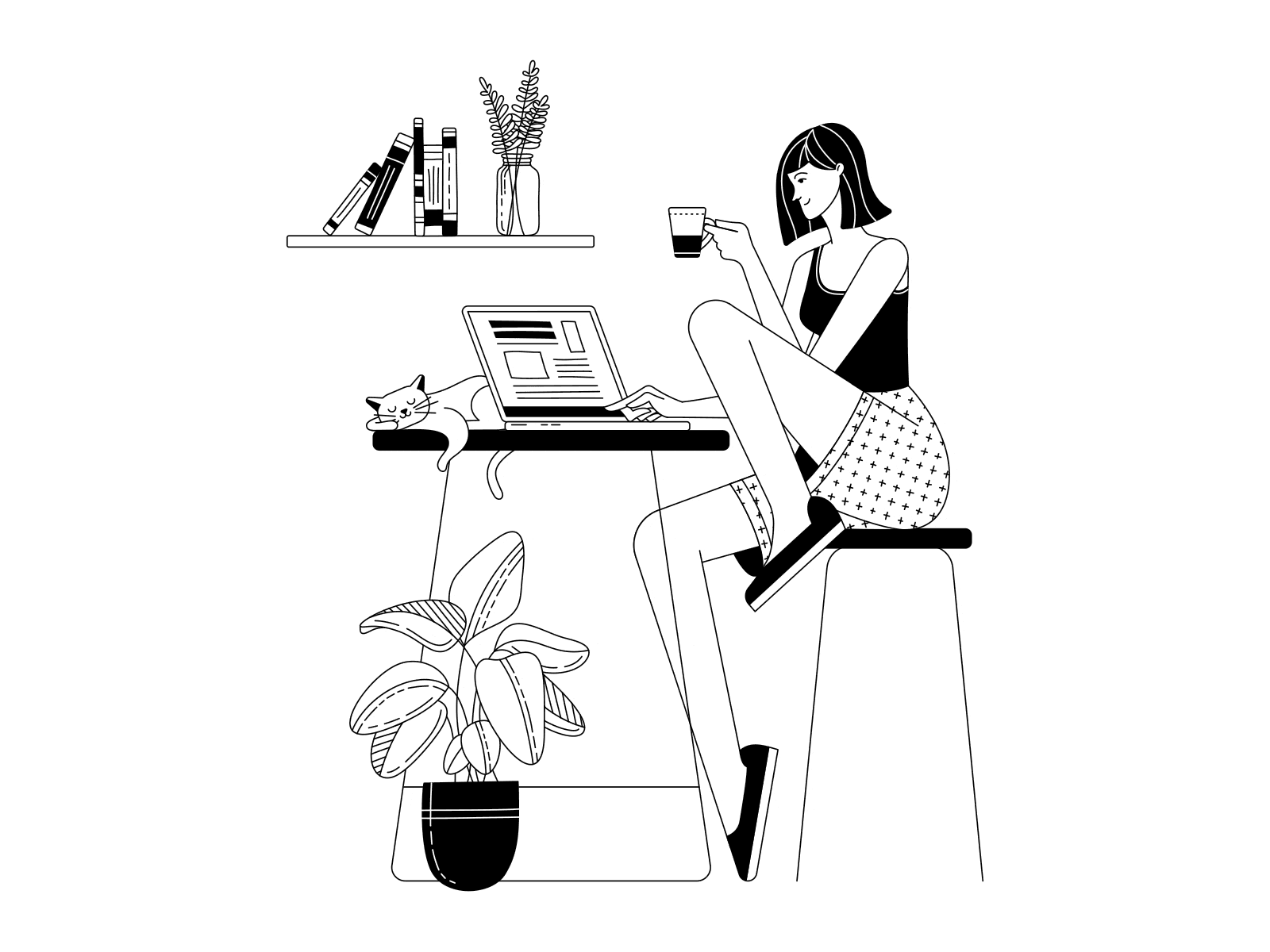 Work from home adobe illustrator animated animation black and white character home illustration job landing illustration laptop line art lineart lottie motion graphics office onboarding vector woman work work from home