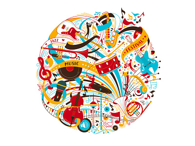 Keep Calm And Let The Music Play! adobe adobe illustrator blues doodle drums festival flat french horn guitar jazz music notes piano saxophone vector violin