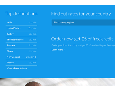 Telecom homepage redesign blue countries destinations list mobile offer rates search
