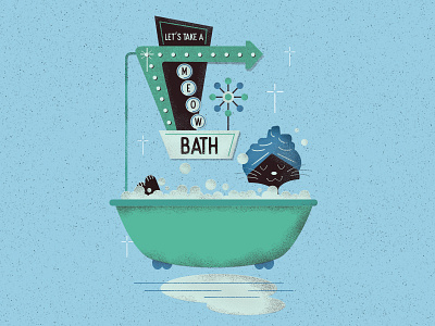 Take A Meow Bath animal bath bathroom blue cat character clean digital illustration meow print retro vintage