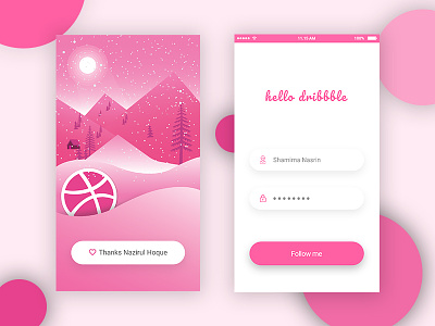 Hello Dribbble app ui debut shot dribbble first shot hello dribbble illustration log in pink snow fall welcome shot winter