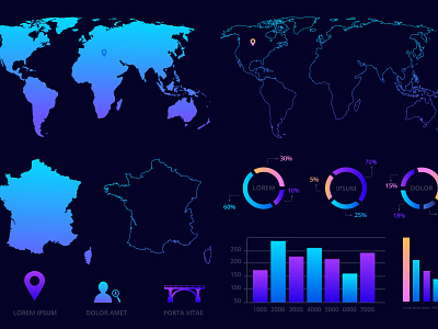 World map, France map, charts and symbols arrow business colorful concept demographics earth geography growth infographics location map mark network pie pin statistic symbol tag visualization world