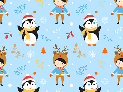 Merry Christmas pattern with cute characters and decorations.