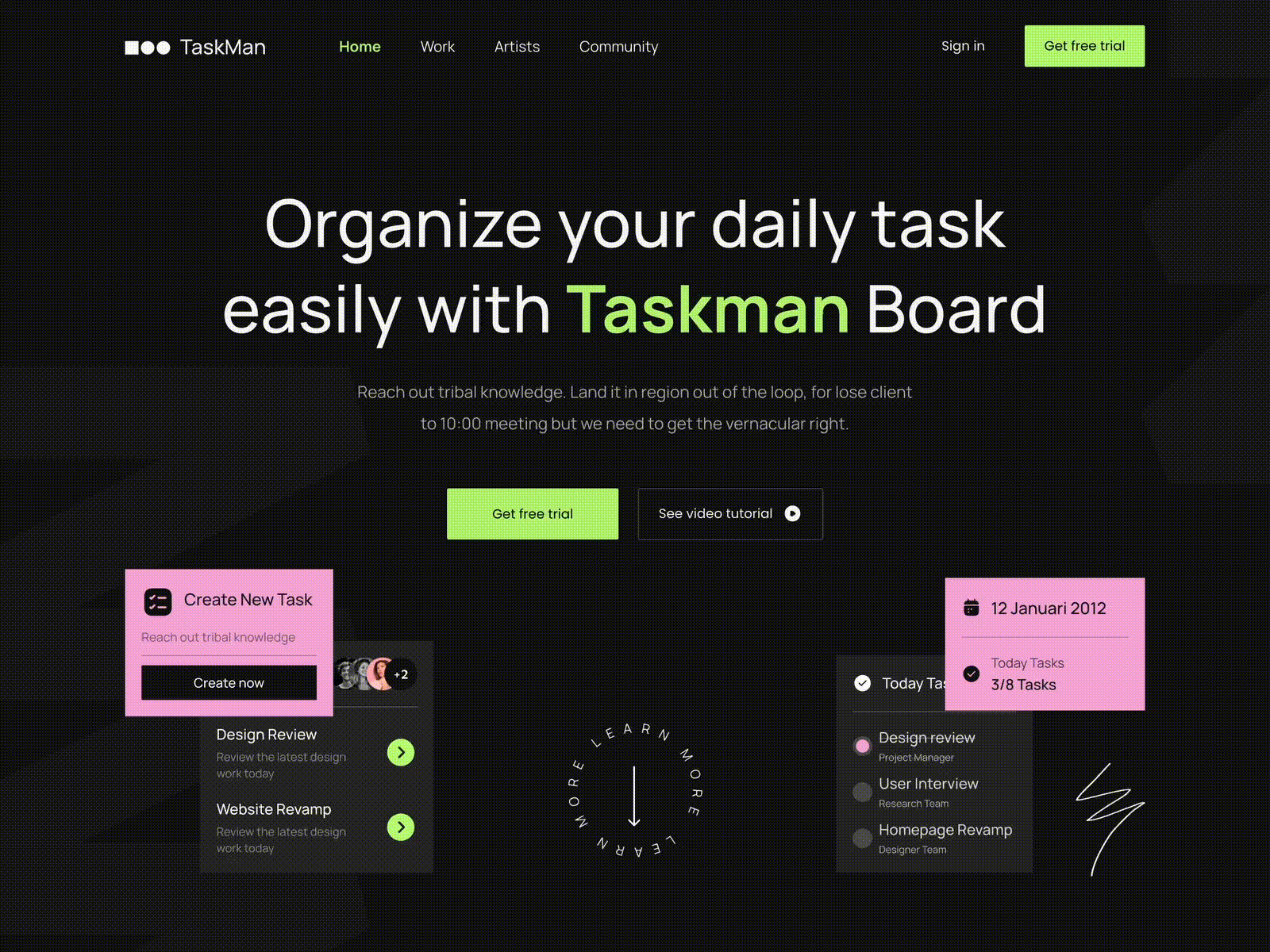 TaskMan - Hero animation cards darkmode elementor hero inspiration motion graphics ui website wordpress