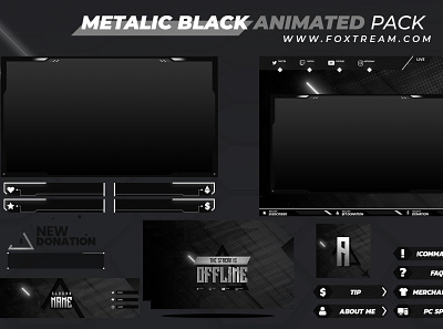 Metalic Black Animated Stream overlay pack for twitch esports graphics