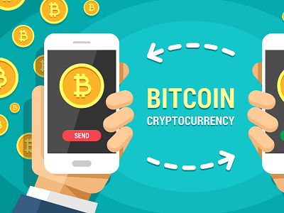 Two Hands Holding Mobile Phones With Bitcoin Cryptocurrency blockchain crypto currency crypto trading design finance finance business illustration interface ios iphone mobile mockup ui vector