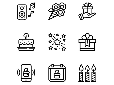 Birthday, Event, Celebration Icons birth birthday birthday cake candle celebrate design fireworks flowers gift gift box icons interface music party present ui vector