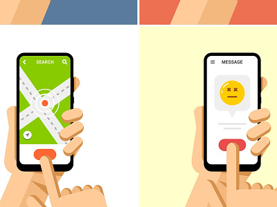 Phone in Hand Mock-Up Flat Vector Set 4 android cell colorful communication design finger gift hand interface ios mobile mockup modern navigate network phone road screen shop ui