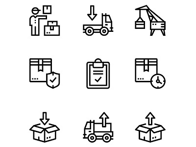 Delivery, Shipment, Cargo Icons box car cargo carriage clipboard container crane delivery icon industry linear logistics man outline package packaging protect protection set shield