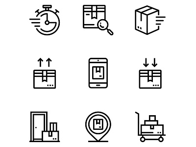Delivery, Shipment, Cargo Icons Set 3 box cargo carriage container delivery door icon industry line linear logistics outline package packaging phonebox pin search set shipment shipping