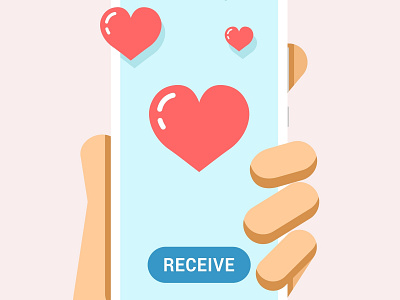 Hand holds the smartphone with many hearts on the screen
