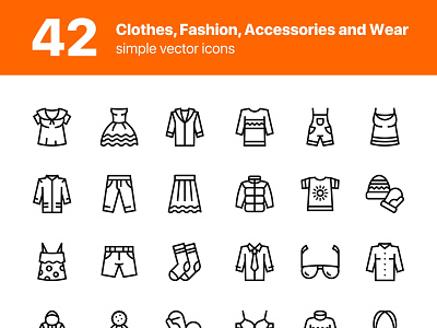 42 Clothes, Fashion, Accessories and Wear Icons Set accessories bag bikini bra clothes clothing collection fashion hat hoodie icon jacket mitten panties pants pullover purse scarf shirt style