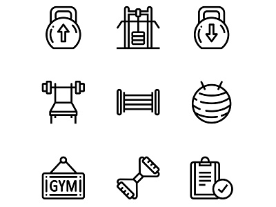Workout, Fitness, Gym Icons Set 4 athletic ball barbell clipboard diet equipment exercise expander fit fitness flat gym health healthy icon line nutrition outline set simple