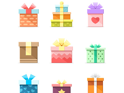 9 Colorful vector flat boxes with ribbons set 2