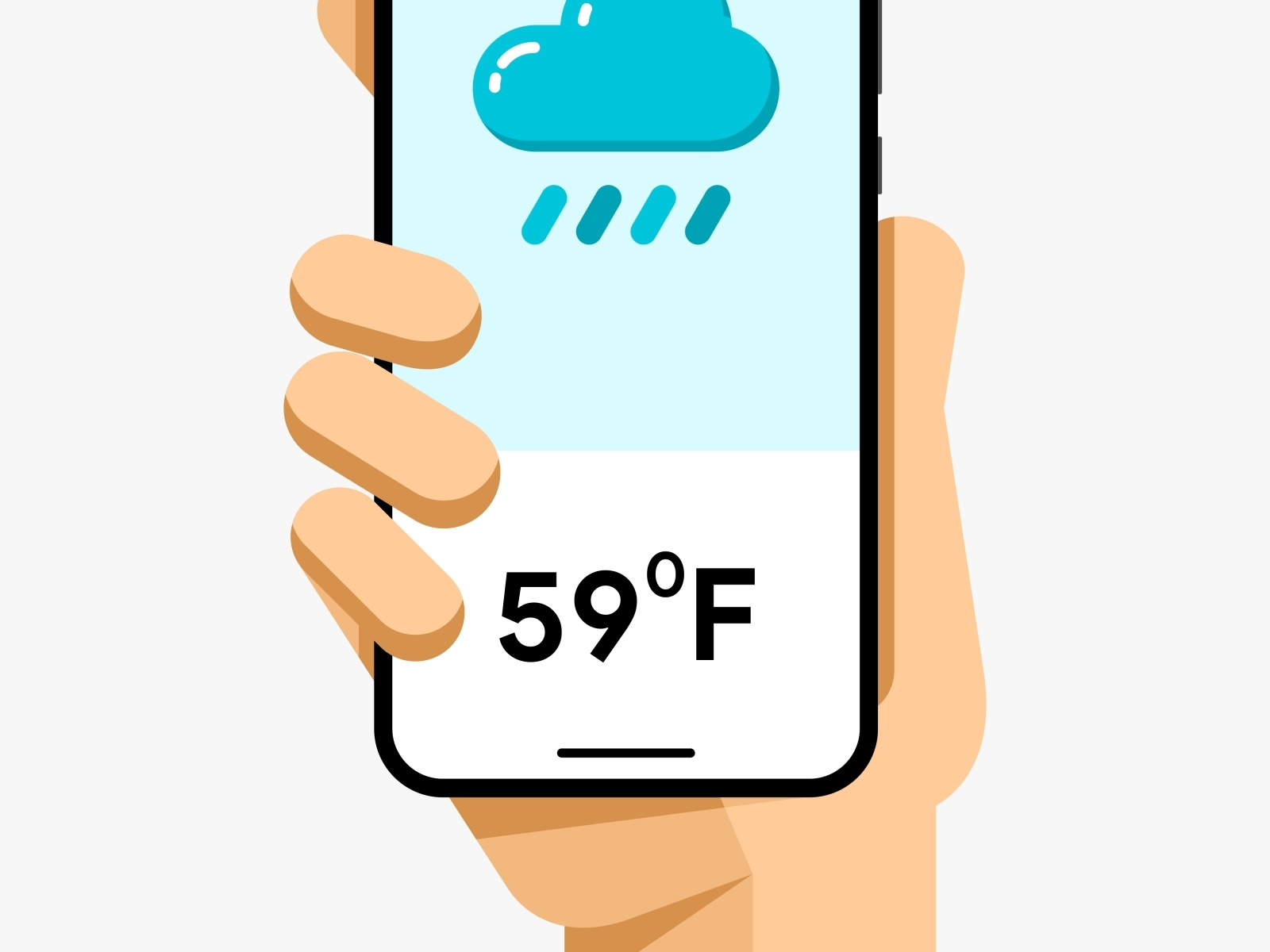 Smartphone mockup in human hand. Weather temperature application by