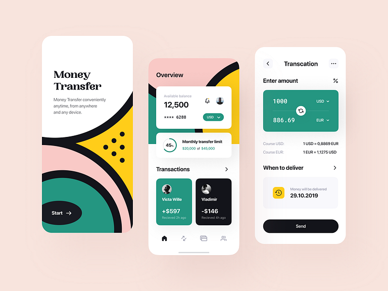 Warm money transfer app by Vadym Drut for heartbeat on Dribbble