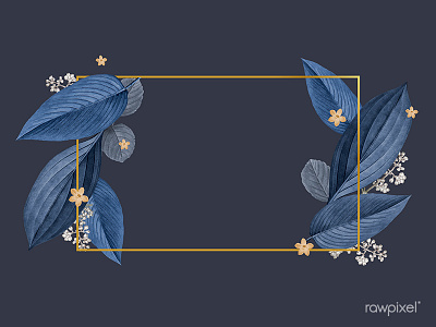 Gold rectangle frame decorated with blue leaves on a navy blue b blue botanical art frame illustration leaves vector