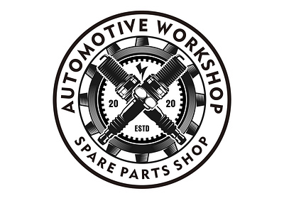 Automotive spark plugs spare parts shop logo. automotive black car circle emblem engine garage gear icon illustration label logo machine motor piston simple sparepart spark plugs symbol workshop