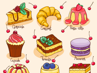Sweets biscuit cafe cake cartoon cheesecake croissant dessert food illustration menu sweet vector