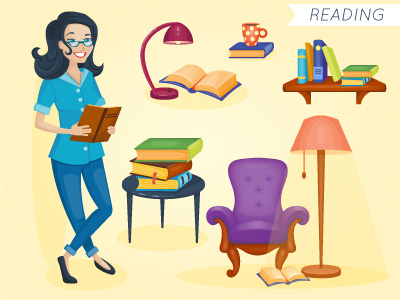 Books And Girl book bookshelf girl happy illustration library read reading student vector woman