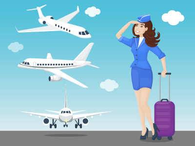 Stewardess airplane airport attendant cartoon flight girl journey road stewardess suitcase travel vector