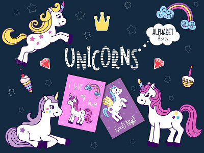 Unicorns cake cartoon cute heart horse ice cream illustration little pony rainbow unicorn vector