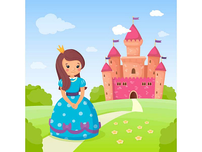 Fairy tale princess and her cute castle baby background cartoon castle character child cute design girl illustration kids princess vector