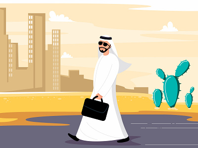 Walking down the street arab arabia background cactus cartoon character cool cute design dubai emirates flat funky illustration men move vector