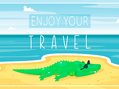 Crocodile on the Beach animal beach cartoon character child crocodile cute design flat illustration kids sea summer vector