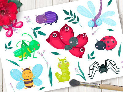 Cartoon insects set animal bee bug butterfly cartoon character child cute design dragonfly flat illustration insect kids ladybug spider vector