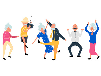 Seniors' Party cartoon character cute dance design flat funky illustration old people people trendy vector
