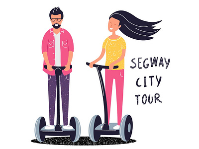 Segway City Tour boy cartoon character city cute design flat funky girl illustration man people segway tour transport urban vector woman