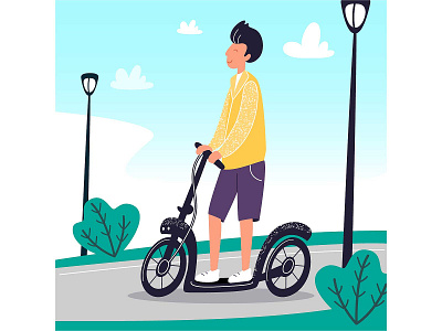 Kick Scooter cartoon character city cute design electric flat funky illustration kids people scooter teenager transport trendy urban vector
