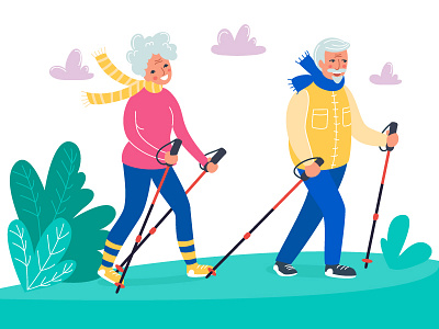 Nordic walking activity cartoon character cute design flat funky illustration nature people person senior sport style trendy ui vector