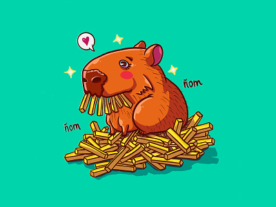 Capybara loves french fries! animal capybara capybara lovers carpincho cartoon character cute cute illustration design drawing food french fries fries illustration junk food love potatoe