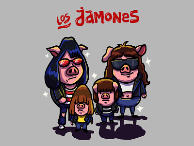 Ramones? No, ¡Los jamones! cartoon chanchito character design drawing funny iconic illustration jamones los jamones los ramones music pig piggy pun punk band ramones