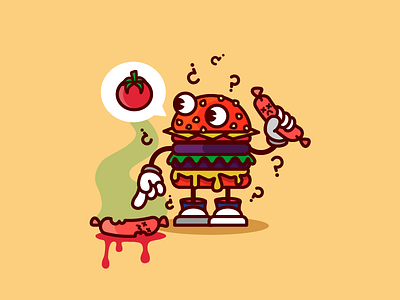 Psycho Burguer burger cartoon character design drawing flat food illustration sausage tomato vector