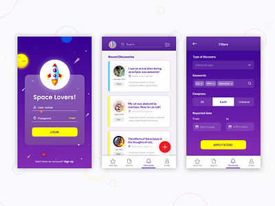 Space Lovers! App concept app cards concept design digital drawing filter illustration ios login mobile planets space ui user interface ux vector