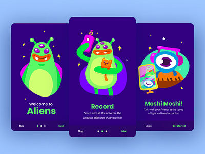 Illustrations for 'Alien App' Onboarding app app design app tutorial cards cat character drawing flat illustration illustrator interface mobile onboarding tutorial ui userinterface ux vector walkthrough