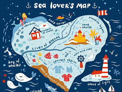 sea lover's map cartoon map geography illustration map travel water whale world