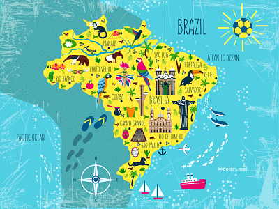 Brazil cartoon travel map animal architecture arnival brazil brazilian cartoon map children map drawing flat geography graphic design illustrated map illustration journey landmark south america travel trip vacation world