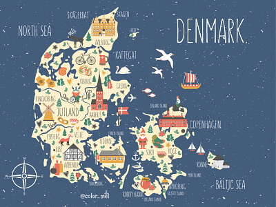 Kingdom of Denmark cartoon map architecture atlas cartoon map danish danmark denmark design europe geography illustrated map illustration island landmark landscape map postcard scandinavia sea travel world