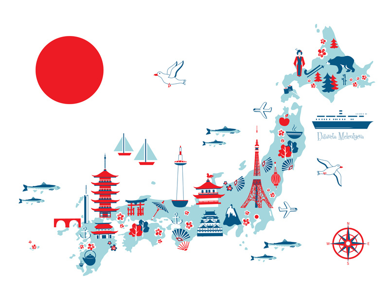 japan design job Cartoon Japan by map travel of Elizaveta Melentyeva