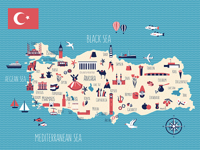 Cartoon travel map of Turkey architecture cartoon map drawing food geography illustration istambul sea travel turkey turkish world