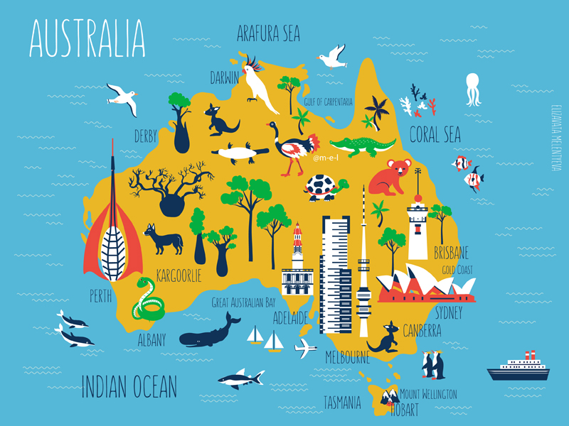 Cartoon travel map of Australia by Elizaveta Melentyeva on Dribbble